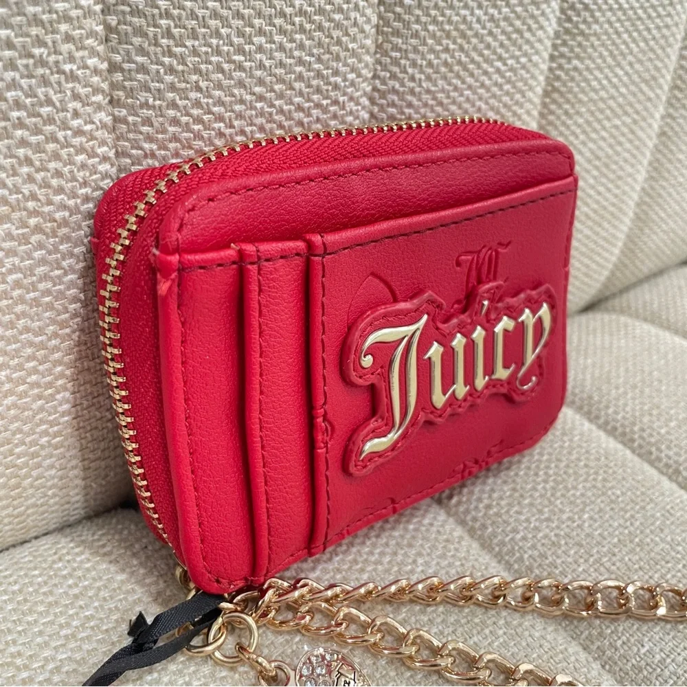 NEW Juicy Couture Red Card Case Wallet Heart ID Window‎ Gold Rhinestone Charm